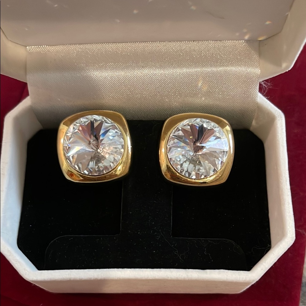 Gold and Silver Cushion-Cut Crystal Earrings